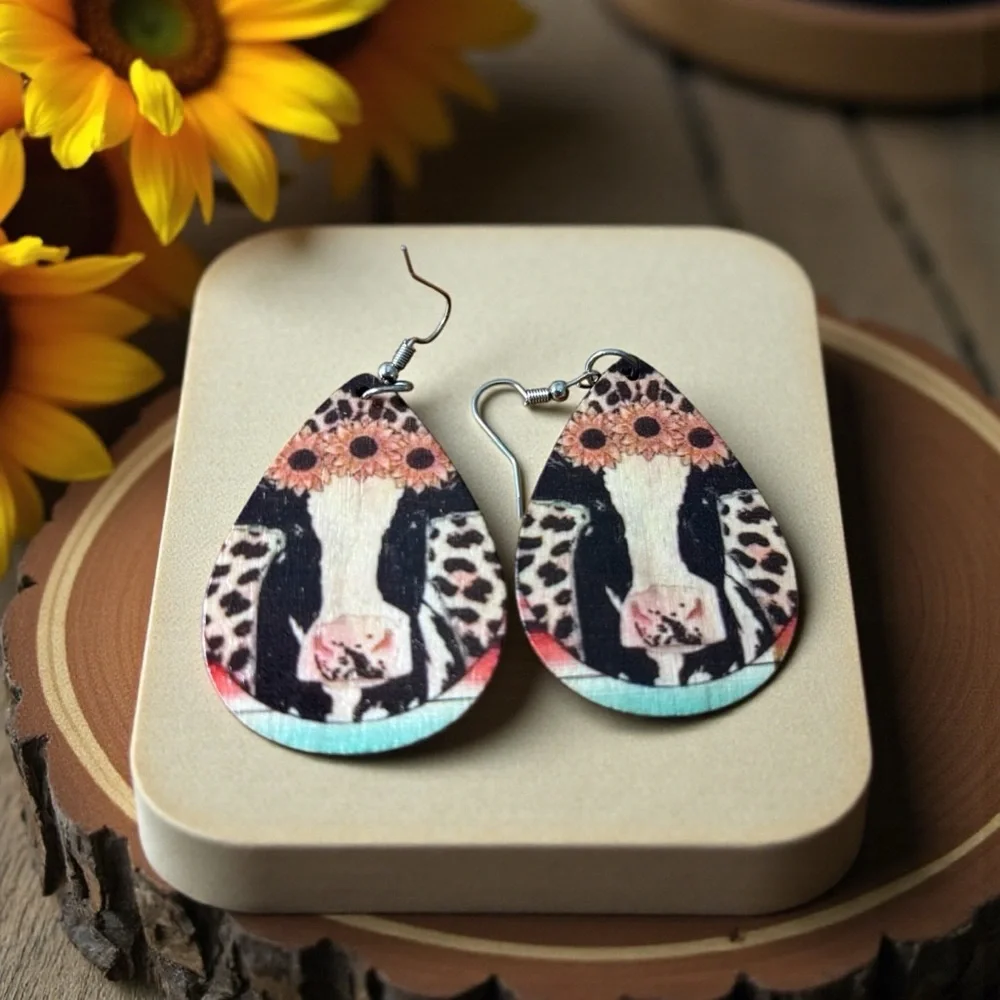 Western Cow & Floral Animal Print Teardrop Earrings